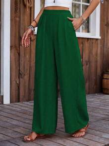LanaWest 女士休闲纯色翻折褶裥斜插口袋阔腿裤 - 綠色 - 查看 4