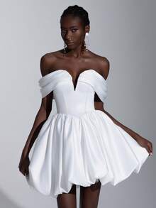 Elitara Elegant Luxury Satin Off Shoulder V-Neck Ruffle Puff Ball Gown, Suitable For Weddings, Parties, Dating, Balls, Brides, Gifts White