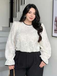 Dazy Plus بلوزة بلوزة فضفاضة مع أكمام واسعة وياقة مستديرة، تباين الألوان والدانتيل، مناسبة للربيع والخريف - لون مشمشي - مشاهدة 7