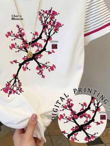 Resyla Women's Casual Patchwork Striped & Cherry Blossom Print Round Neck Short Sleeve T-Shirt, Summer - White - View 5