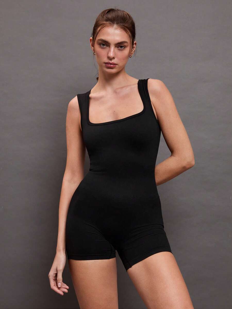 Activina 1pc Monochromatic Sleeveless Backless Sports Romper - Black - View 1