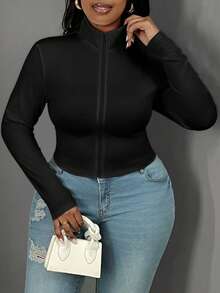 Slaydiva Plus Size Solid Color Black Zip-Up Long Sleeve Fleece Cardigan Jacket,Fashionable Winter Casual Hiking Top,Women's Clothing Xxl Cropped Tops Bodysuits - Black - View 7