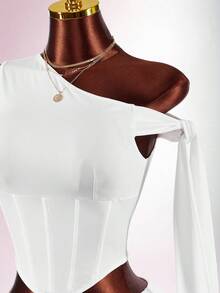 Amplova Women's Asymmetric Neckline Fishbone Top And Skirt Elegant 2 Pieces Set - White - View 7