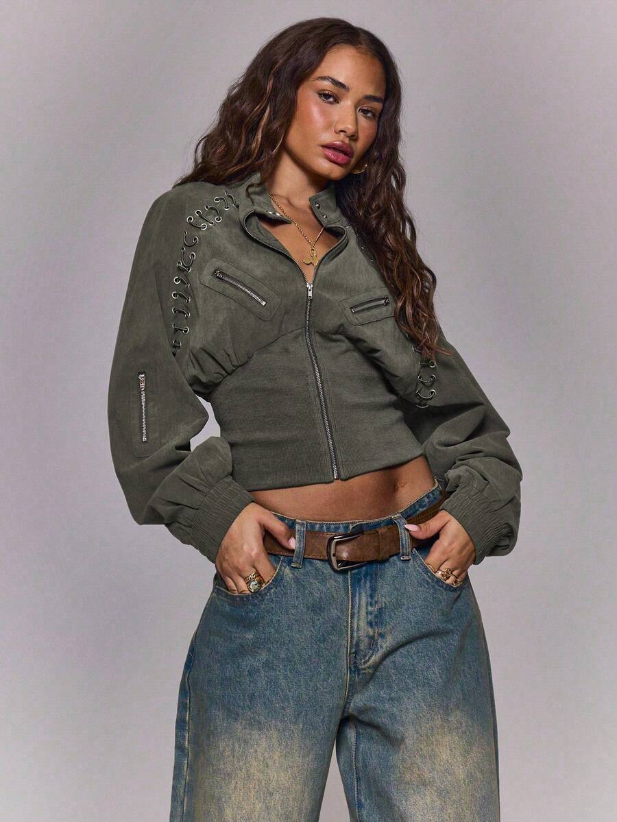 MUSERA Button Funnel Neck Detail Rib Cinched Waist Fitted Jacket Autumn Winter Fall Going Out Everyday Night Out Casual Cool Streetwear Washed Spring - Light Grey - View 1