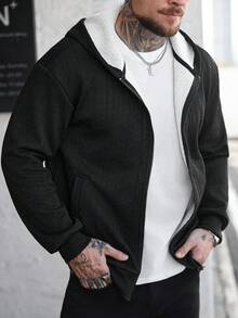 Manfinity CasualCool 男士休闲保暖连帽拉链卫衣，秋季男士拉链连帽衫，男士夹克，男士街头风拉链外套 - 黑色 - 查看 1