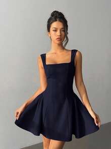 Aloruh Robe mini élégante et sexy sans dos et sans manches de couleur unie pour femmes - Bleu marine - Voir 3