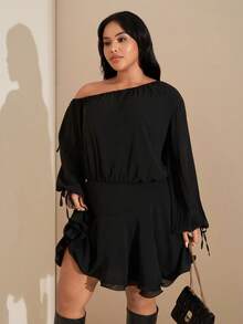 SHEIN Tall CURVE Váy ngắn tay đèn lồng cổ lệch, viền bèo nhún cỡ lớn cho nữ, thích hợp cho bữa sáng muộn, trang phục mùa thu, váy tiệc trà, trang phục Mardi Gras, ngày lễ tình nhân, lễ Phục sinh - màu đen - Xem 5