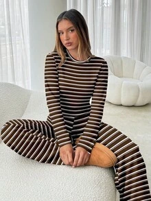 Aloruh Bộ đồ ngủ thường ngày dành cho nữ, gồm áo thun dài tay bó sát kẻ sọc nâu và quần ống đứng kẻ sọc rộng rãi, trang phục sang trọng để mặc hàng ngày và chơi thể thao, mùa thu/đông - Cà phê nâu - Xem 7