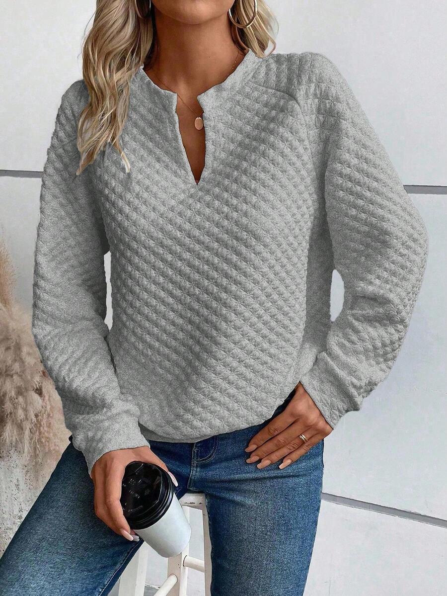 LanaWest Casual Solid Color Textured Notch Neck Sweatshirt, Autumn - Grey - View 1