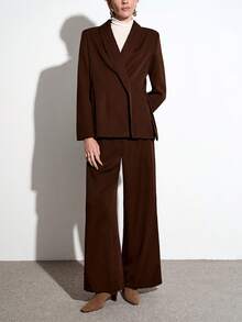 Aalyst 女士优雅法式V领西装外套搭配宽松阔腿裤，适合通勤、度假、下午茶、浪漫场合。 - 咖啡棕 - 查看 4