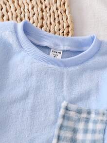 男童格子抓绒长袖上衣和裤子两件套休闲舒适睡衣套装 - 藍色 - 查看 8