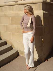 Sydney Algeri Suéter feminino simples, elegante, casual, estilo universitário, versátil, gola redonda, malha com cabo, justo - Damasco - Ver 5