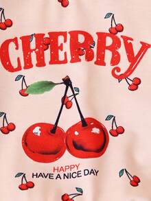 SHEIN Vintaside Kids Baby Girls' Spring/Autumn Outfit - Cherry Sweetheart Set: Cream English Slogan Sweatshirt + Retro Blue Jeans, Cherry Print Top & Embroidered Pants, Dopamine Energetic Casual Daily Wear, Sweet & Cool Style