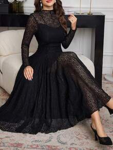 Modelyn Elegant High-End Black Lace Flowy Dress, Spring/Summer - Black - View 3