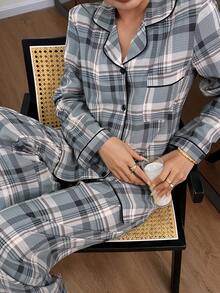 格子印花翻领开衫女士长袖睡衣套装 - 彩色 - 查看 6