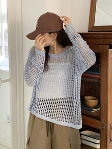 DAZY 镂空独特薄款长袖女式毛衣 - 藍色 - 查看 5