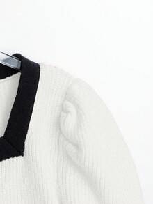 Franclia European & American Style Blogger Same Elegant Metal Buckle Contrast Color Square Collar Fitted Puff Sleeve Pullover Sweater - White - View 4
