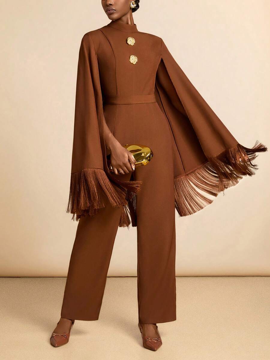 Vesra Women's Poncho Cloak Style Front & Middle Metal Tassel Jumpsuit - Brown - View 1