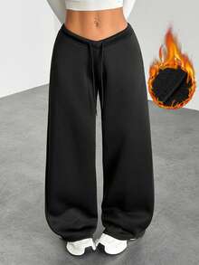 SHEIN PETITE Quần nỉ ống đứng đơn giản buộc dây phía trước màu trơn dành cho nữ, trang phục thường ngày mặc khi tốt nghiệp, trở lại trường, tốt nghiệp, trang phục giáo viên dành cho nữ, trở lại trường - màu đen - Xem 7