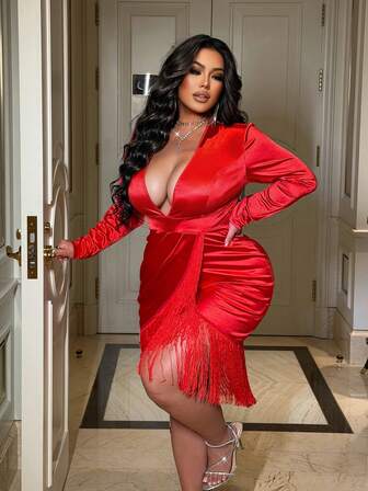 NU&NOW Plus-Size Women's Deep V-Neck Red Tassel Hem New Year Christmas Valentine's Day Party Sexy Dress