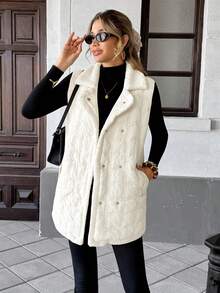 SHEIN Frenchy Áo khoác vest dáng rộng, hai hàng khuy trơn màu dành cho nữ, mùa đông - Màu be - Xem 7