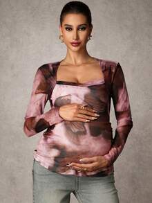 MaterniChic Maternity Elegant Printed Ruched Long Sleeve T-Shirt Maternity Tops Maternity Shirts For Women Pregnancy Shirts Maternity Long Sleeve Top Square Neck Maternity Top Breastfeeding Shirt - Multicolor - View 4
