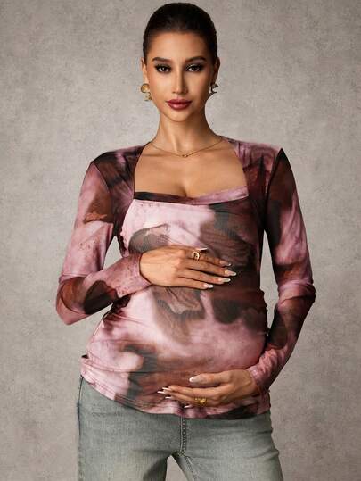MaterniChic Maternity Elegant Printed Ruched Long Sleeve T-Shirt Maternity Tops Maternity Shirts For Women Pregnancy Shirts Maternity Long Sleeve Top Square Neck Maternity Top Breastfeeding Shirt
