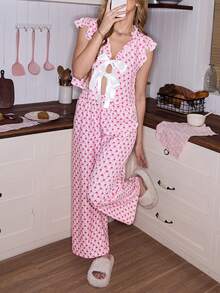 SweetSlumber 甜美心形格子蝴蝶结装饰女士睡衣套装 - 彩色 - 查看 5