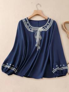 EMERY ROSE 大码女士刺绣衬衫，复古温柔女士休闲放松优雅假日皇家蓝波西米亚风优雅衬衫，女士波西米亚风上衣，女士端庄衬衫 - 藏蓝色 - 查看 1