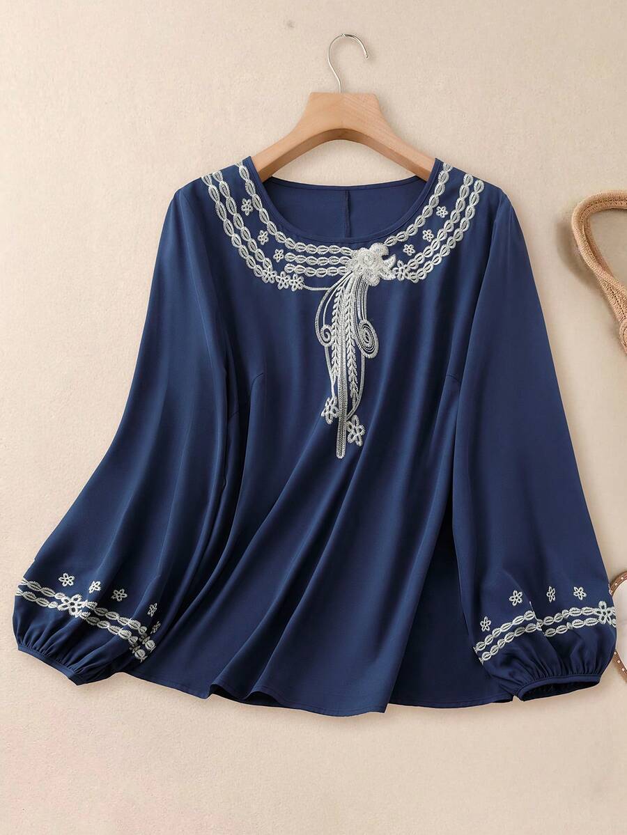 EMERY ROSE 大码女士刺绣衬衫，复古温柔女士休闲放松优雅假日皇家蓝波西米亚风优雅衬衫，女士波西米亚风上衣，女士端庄衬衫 - 藏蓝色 - 查看 1