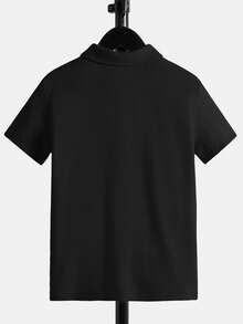 SHEIN 男童休闲纯色半拉链 Polo 衫 - 黑色 - 查看 2