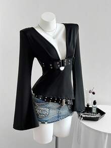 Elamini Áo thun dài tay thiết kế lỗ khóa màu trơn phong cách Y2K Gyaru dành cho nữ, áo đi chơi, áo dự tiệc - màu đen - Xem 1