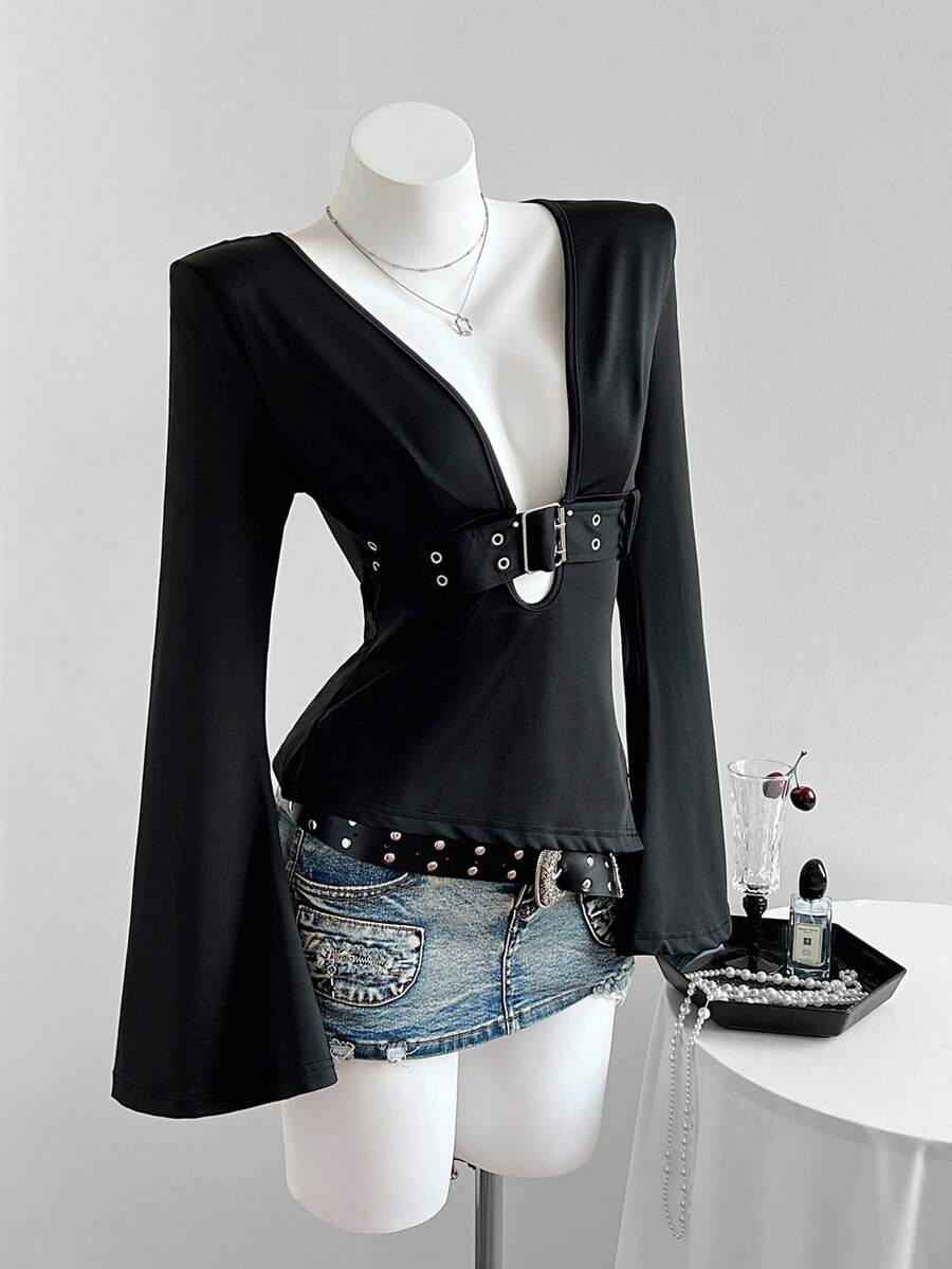 Elamini Áo thun dài tay thiết kế lỗ khóa màu trơn phong cách Y2K Gyaru dành cho nữ, áo đi chơi, áo dự tiệc - màu đen - Xem 1