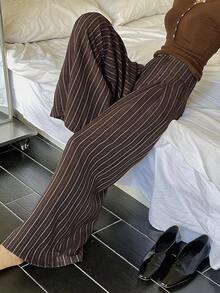 DAZY 女士条纹宽松褶裥休闲通勤阔腿裤 - 棕色 - 查看 5