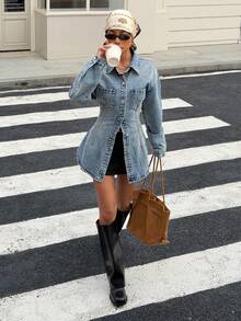 Muchica Women's Fashion New Distressed Wash  Long Sleeve Cinched Waist Denim Shacket For Going Out Outfits, Streetwear - Blue - View 4