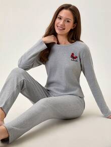 Loomlin 100%Cotton Letter & Butterfly Embroidery Ribbed Knit Lounge Set - Grey - View 7