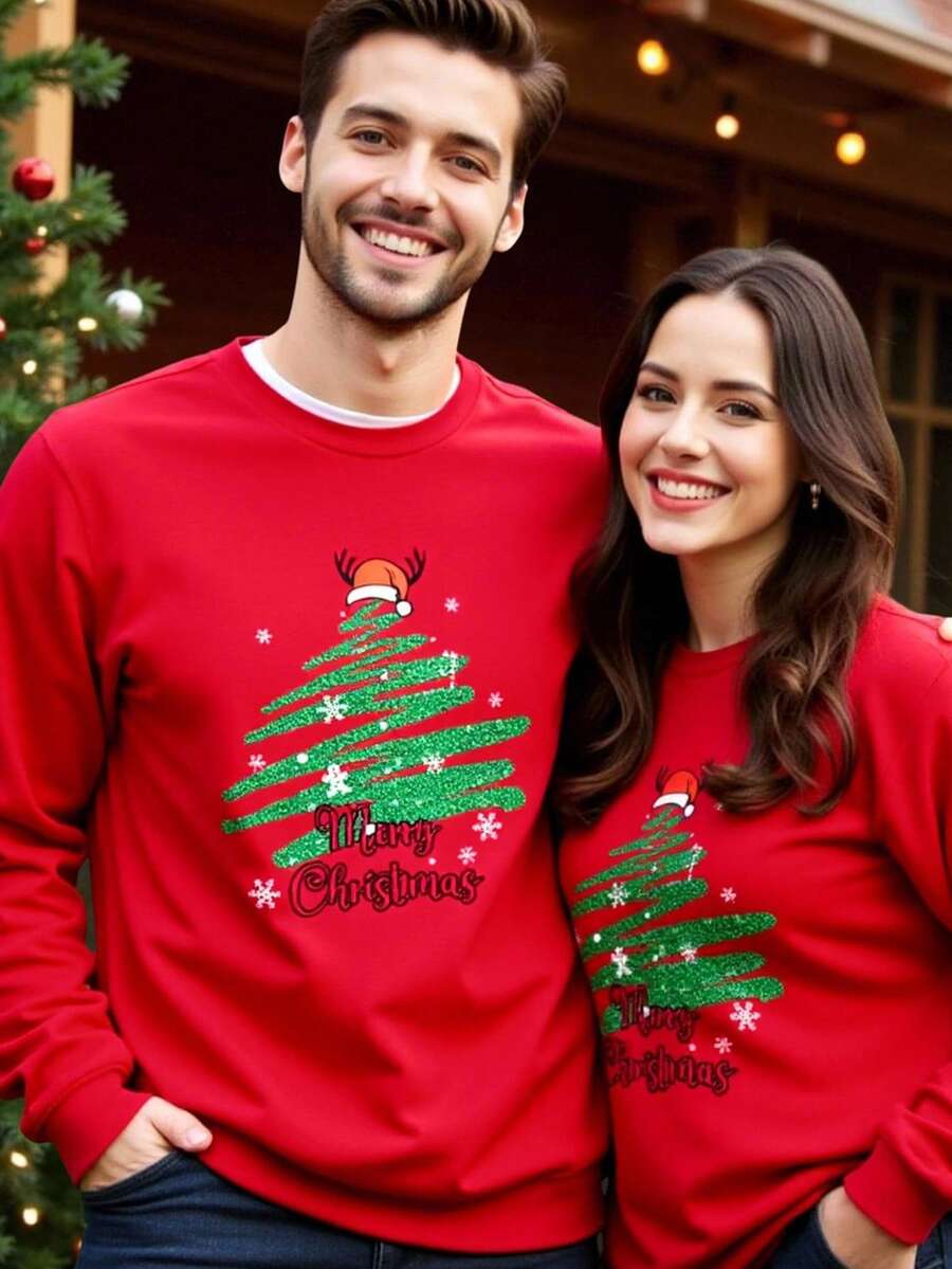 Manfinity NXTstreet Áo nỉ cổ tròn in khẩu hiệu Giáng sinh thường ngày dành cho nam - Đỏ - Xem 1