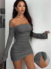 Coolane 女士白色针织修身露肩连衣裙 - 灰色 - 查看 3