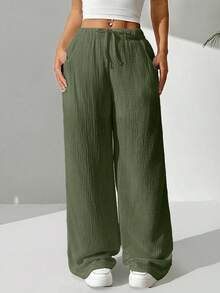 Damen Lässig Alltags Pendler einfarbige strukturierte Stoff Tunnelzug Taille weite Schlupfhose - Armeegrün - Übersicht 5