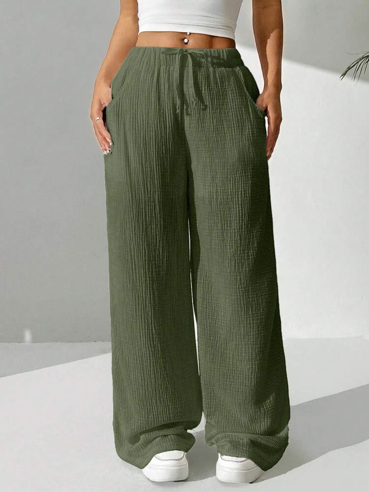 Women's Casual Everyday Commute Solid Color Textured Fabric Drawstring Waist Loose Wide Leg Pants - Army Green - View 5