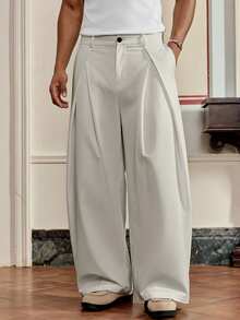 EASEVO 加大码男士休闲百搭通勤筒裤宽松阔腿裤灰色长裤 - 米色 - 查看 4