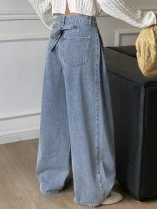 DAZY Jeans de pierna recta con botón suelto y dobladillo de unicolor - Lavado ligero - Ver 2