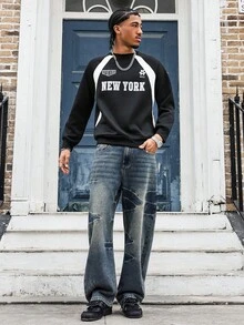 GALLERY FADE 男士破洞嘻哈街头桶形裤宽松牛仔裤街头服饰男士灯笼裤 - 中等水洗藍 - 查看 5