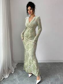Rafferiza Women's Velvet Burnout Draped Neck Long Sleeve Fitted Midi Dress, Winter - Green - View 3