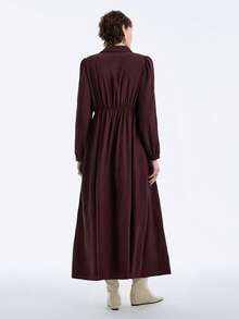 Aalyst Đầm Maxi dài tay dáng chữ A, cổ áo sơ mi trơn màu cho nữ, cài nút phía trước, eo xếp ly, eo có thể điều chỉnh, thanh lịch và đa năng khi đi làm, phong cách đường phố Pháp cổ điển, đơn giản và cổ điển, phù hợp với trang phục thường ngày, trang trọng, công sở, Trung Đông, tiệc mùa đông, lễ tạ ơn, giáng sinh, trà chiều, họp mặt gia đình, thu đông - Màu Tím - Xem 4