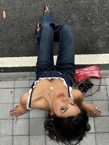 K-Vae Women's Dark Blue Ruffled Denim Top, Elegant Casual Lace Zipper Denim Top, Sexy Denim Vest - Blue - View 7