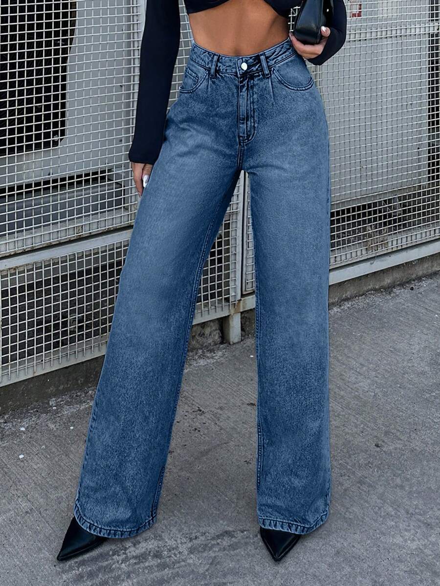 SHEIN Cottnline Women's Casual Commuting Simple Solid Color High Waist Straight Leg Jeans - Medium Wash - View 1