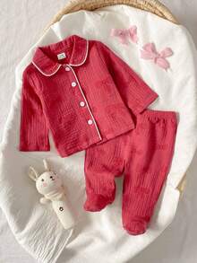 2pcs Newborn Baby Girls' Cute Bow Pattern Long Sleeve Top And Pants Casual Comfortable Pajama Set Newborn Girl Outfit Baby Girl Pajama Set Baby Girl Sleepwear Baby Girl Full Sleeve Pant Set - Burgundy - View 1