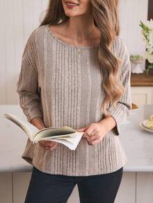 Isle Nomé Women's Casual Everyday Commute Simple Solid Color Ribbed Loose Drop Shoulder T-Shirt, Spring/Autumn - Apricot - View 3