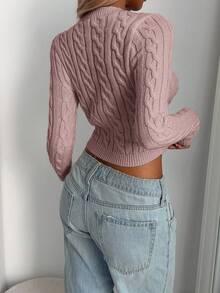 Aloruh Femmes Vintage Tricot Épais Col Rond Ajusté Manches Longues Pull, Base Minimaliste Couleur Abricot pour l'Automne/Hiver - Rose bonbon - Voir 2